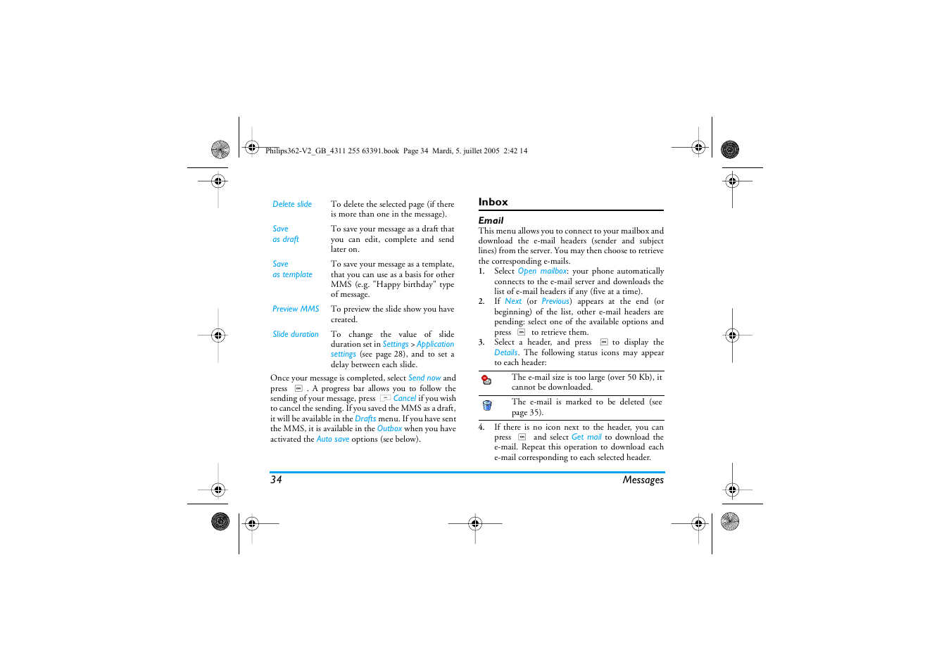 Inbox, Email | Philips E-GSM 1800 User Manual | Page 40 / 77