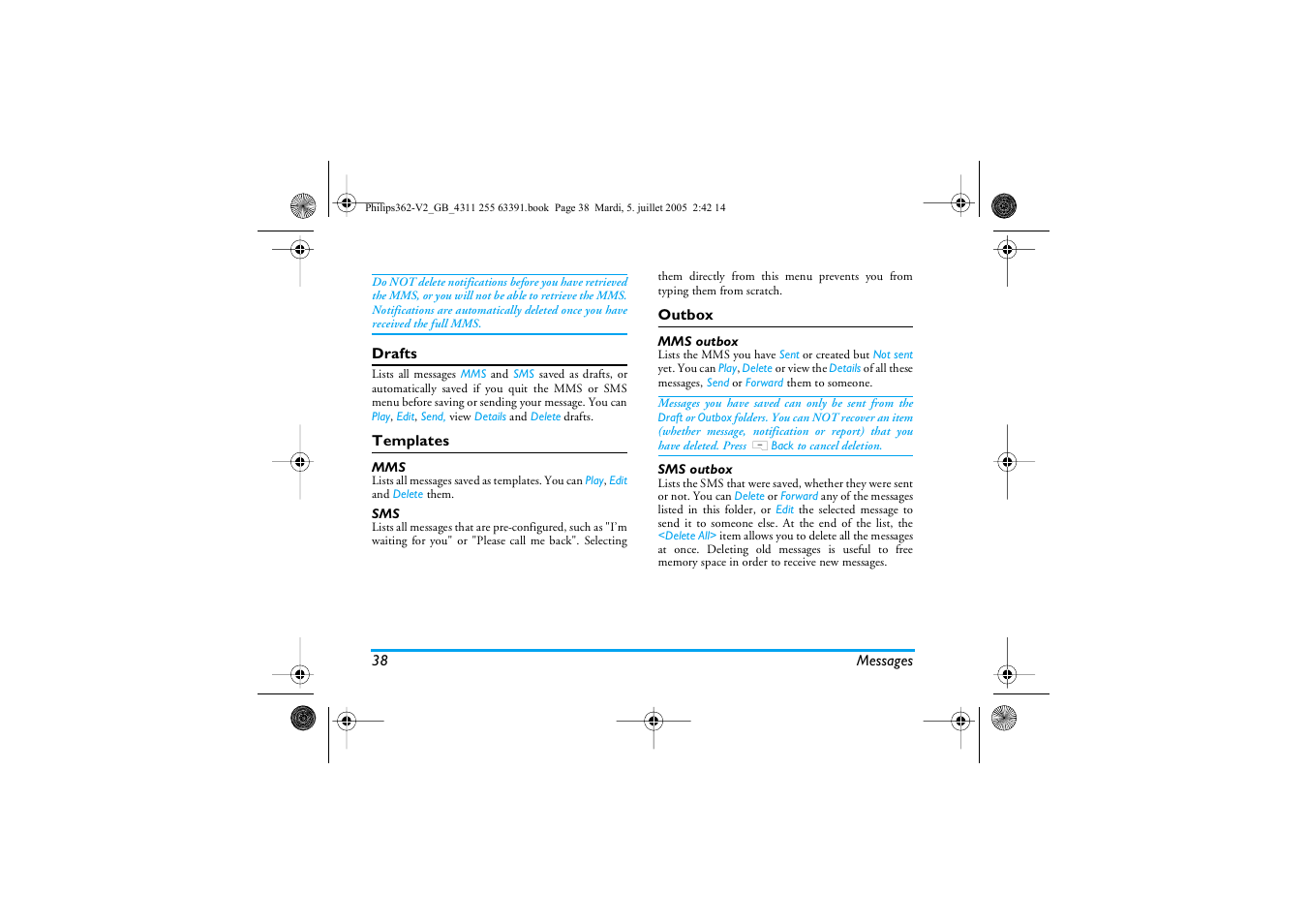 Mms outbox, Sms outbox | Philips E-GSM 1800 User Manual | Page 44 / 77