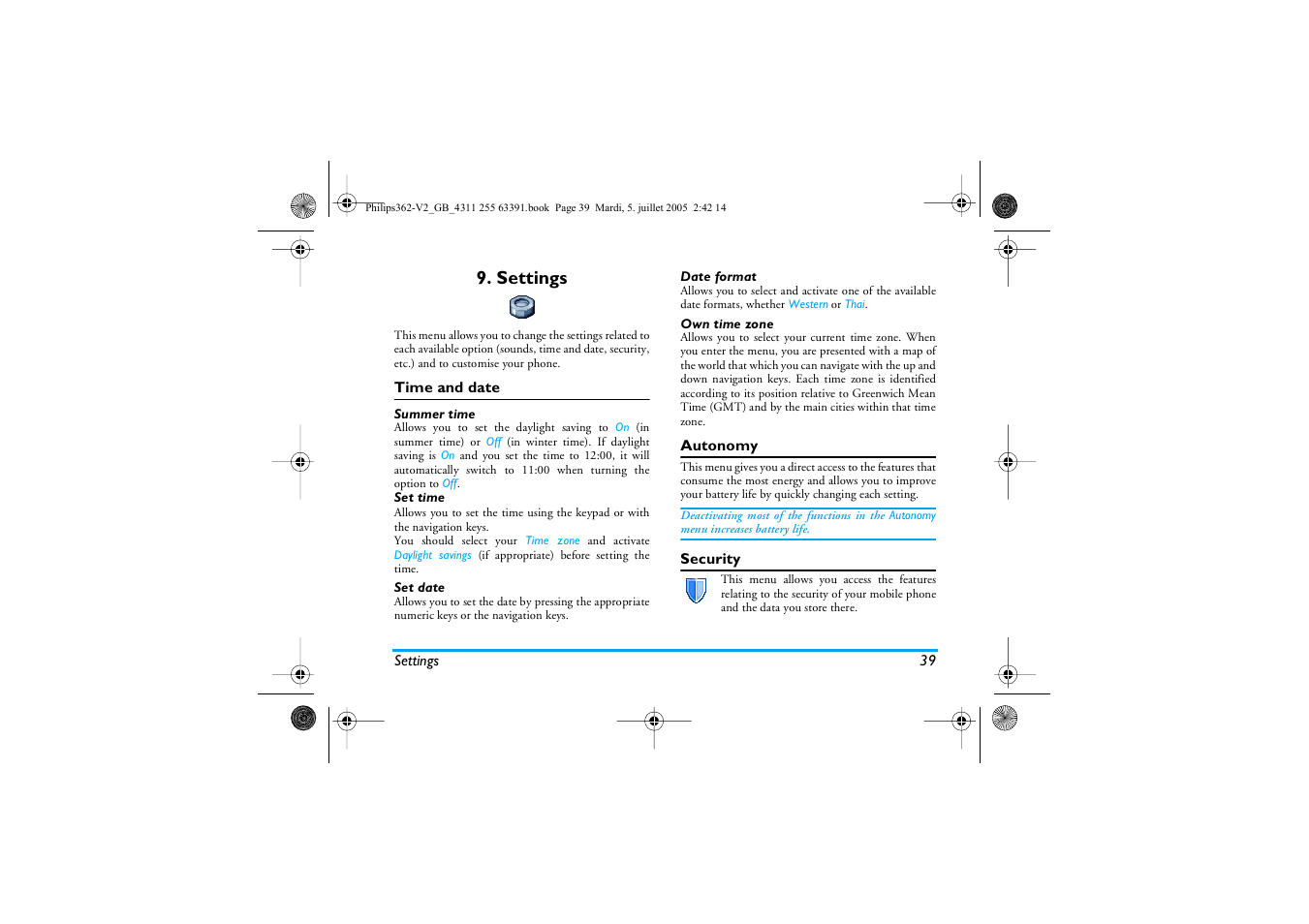 Settings, Time and date, Summer time | Set date, Date format, Own time zone, Autonomy, Security | Philips E-GSM 1800 User Manual | Page 45 / 77