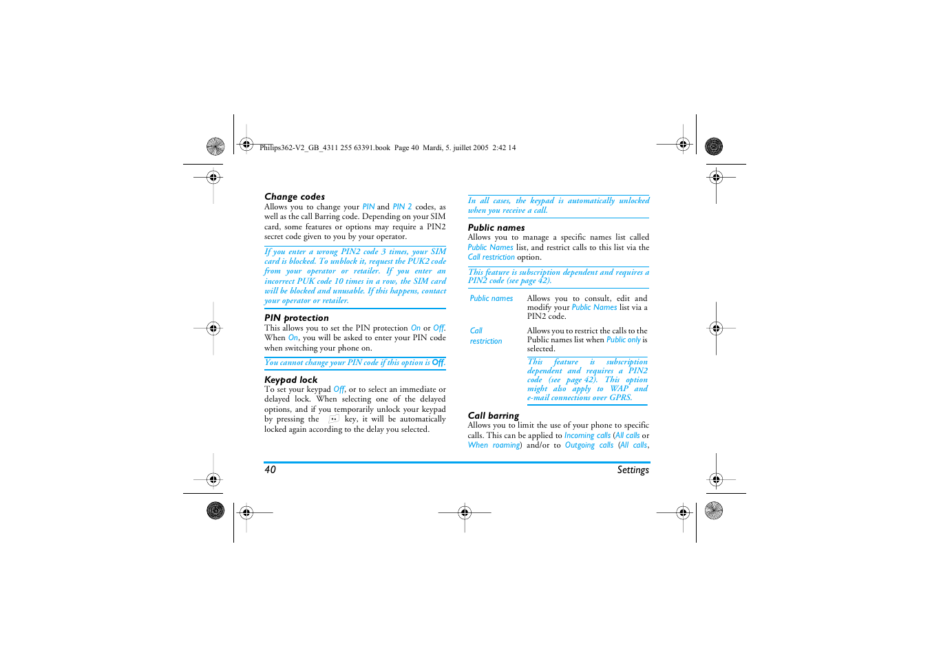 Change codes, Pin protection, Keypad lock | Public names, Call barring | Philips E-GSM 1800 User Manual | Page 46 / 77