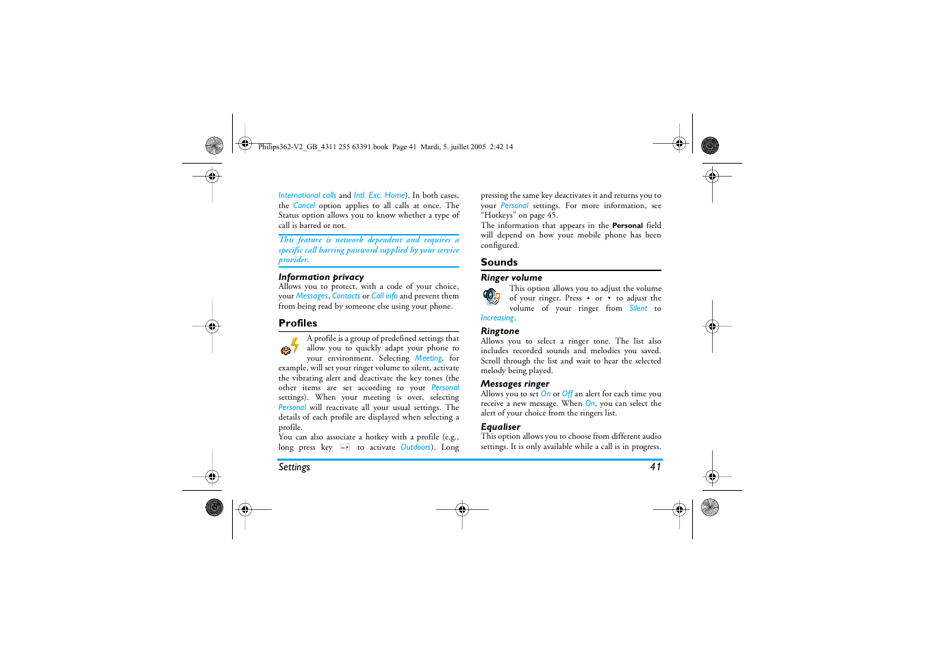 Information privacy, Profiles, Sounds | Ringtone, Messages ringer, Equaliser | Philips E-GSM 1800 User Manual | Page 47 / 77