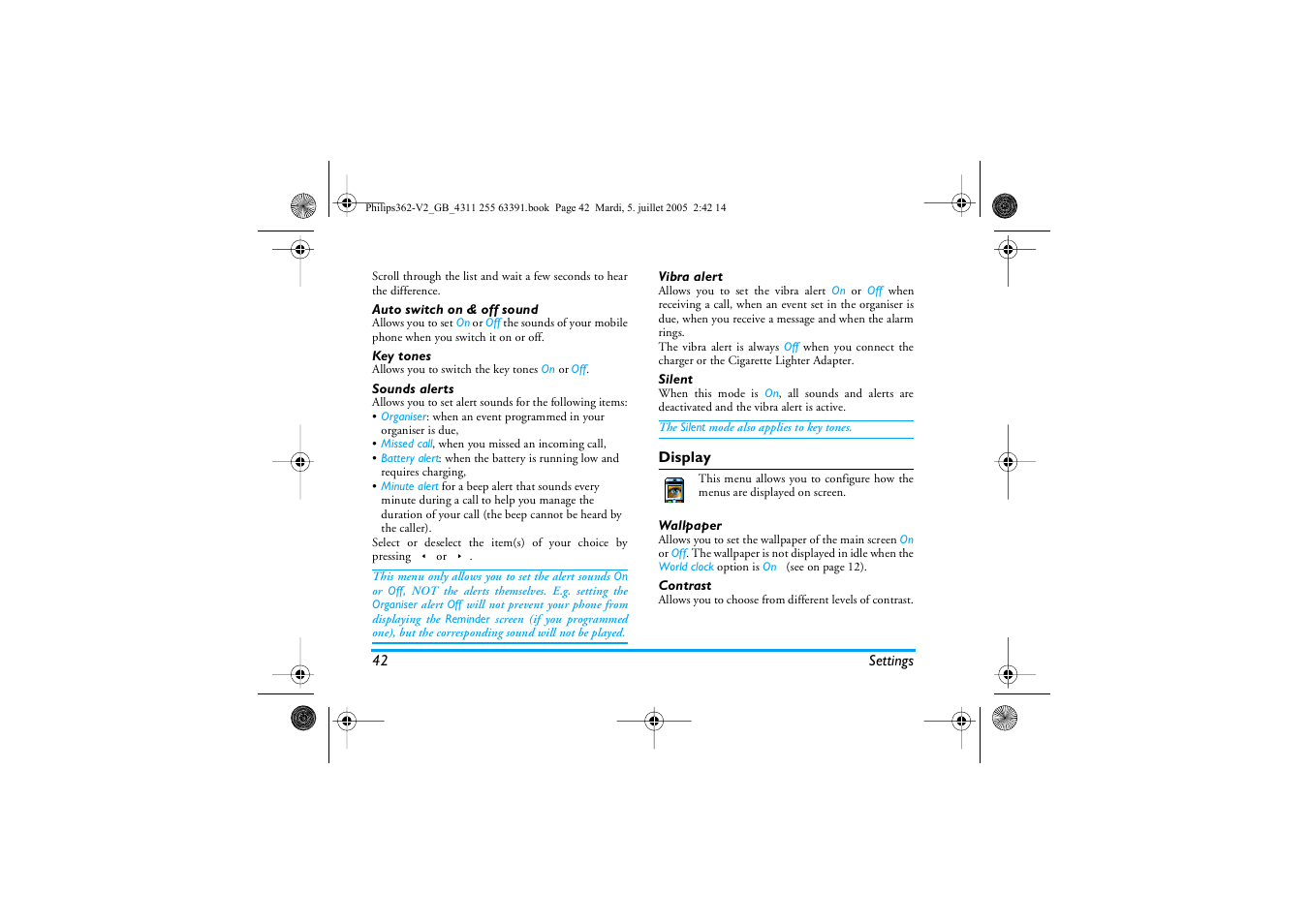 Auto switch on & off sound, Key tones, Sounds alerts | Vibra alert, Silent, Display, Wallpaper, Contrast | Philips E-GSM 1800 User Manual | Page 48 / 77