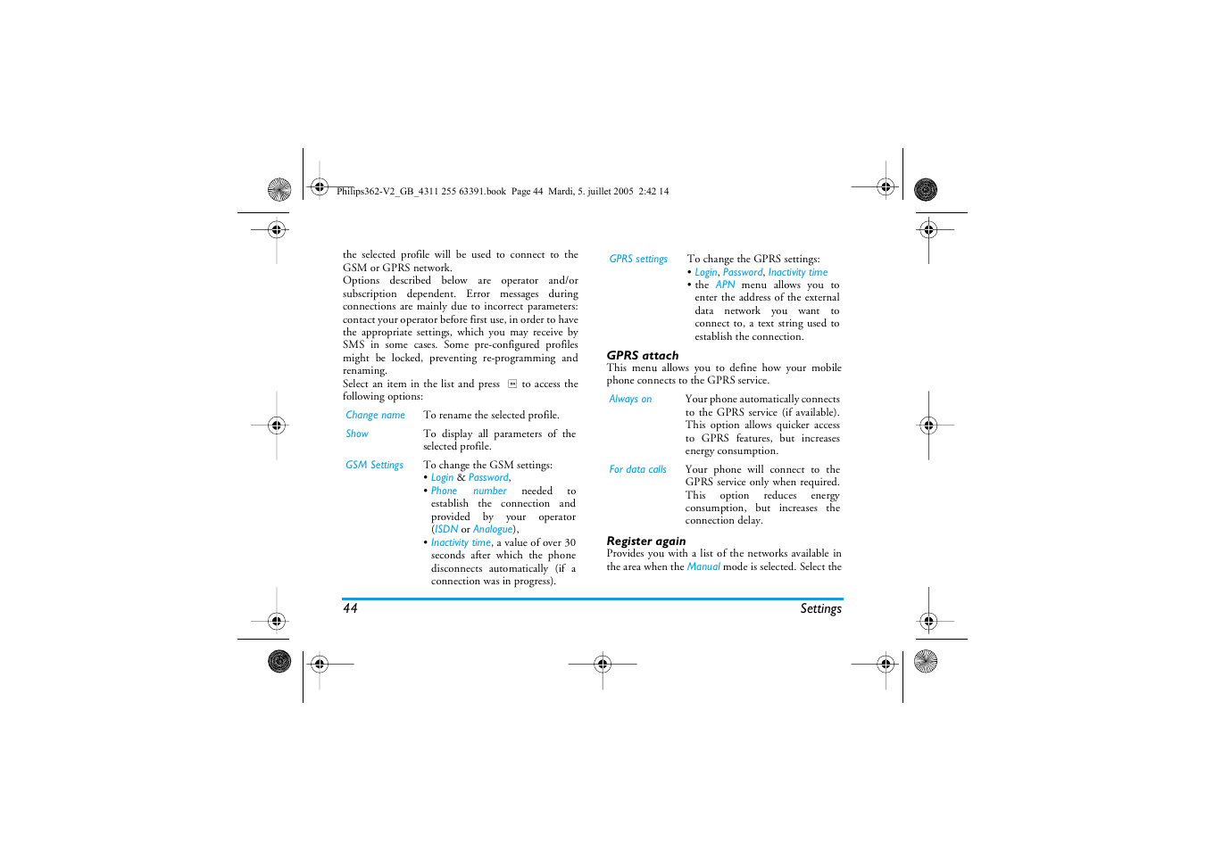 Gprs attach, Register again | Philips E-GSM 1800 User Manual | Page 50 / 77