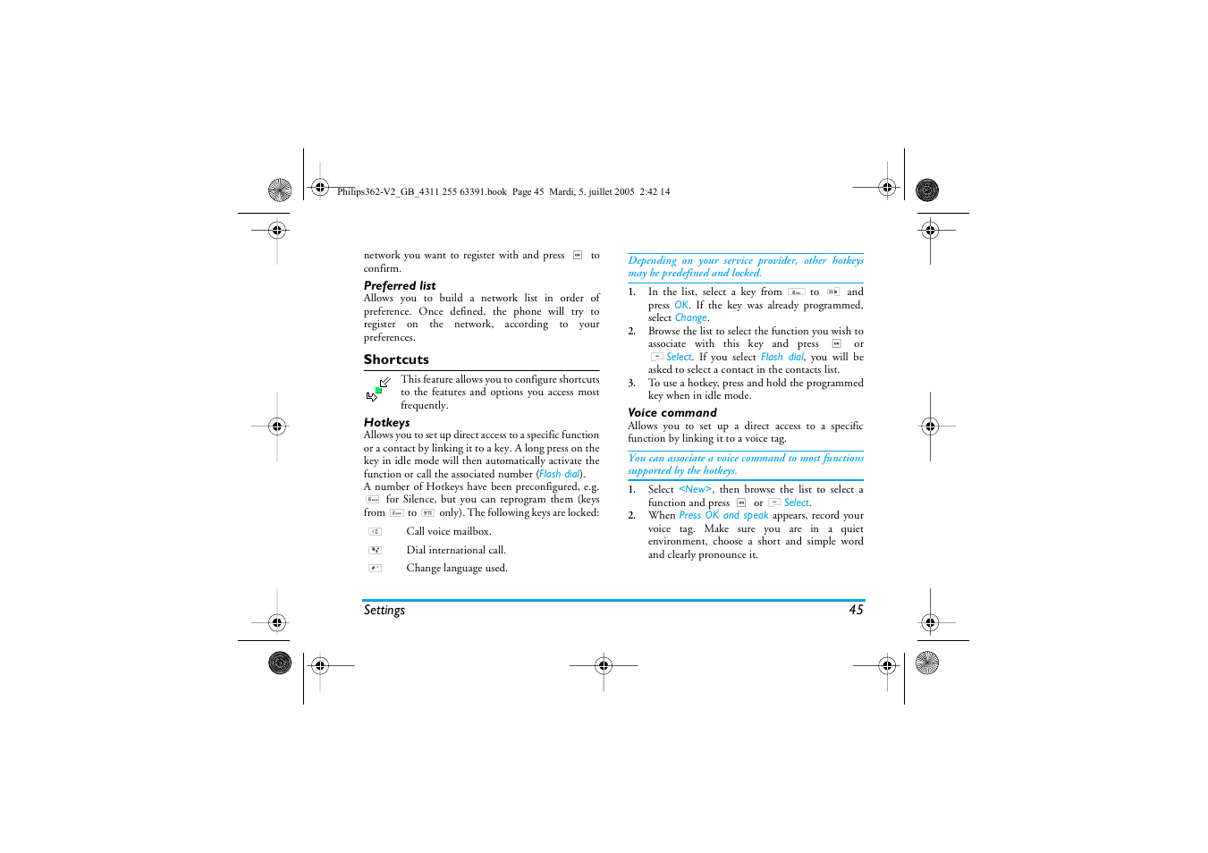 Preferred list, Shortcuts, Hotkeys | Voice command | Philips E-GSM 1800 User Manual | Page 51 / 77