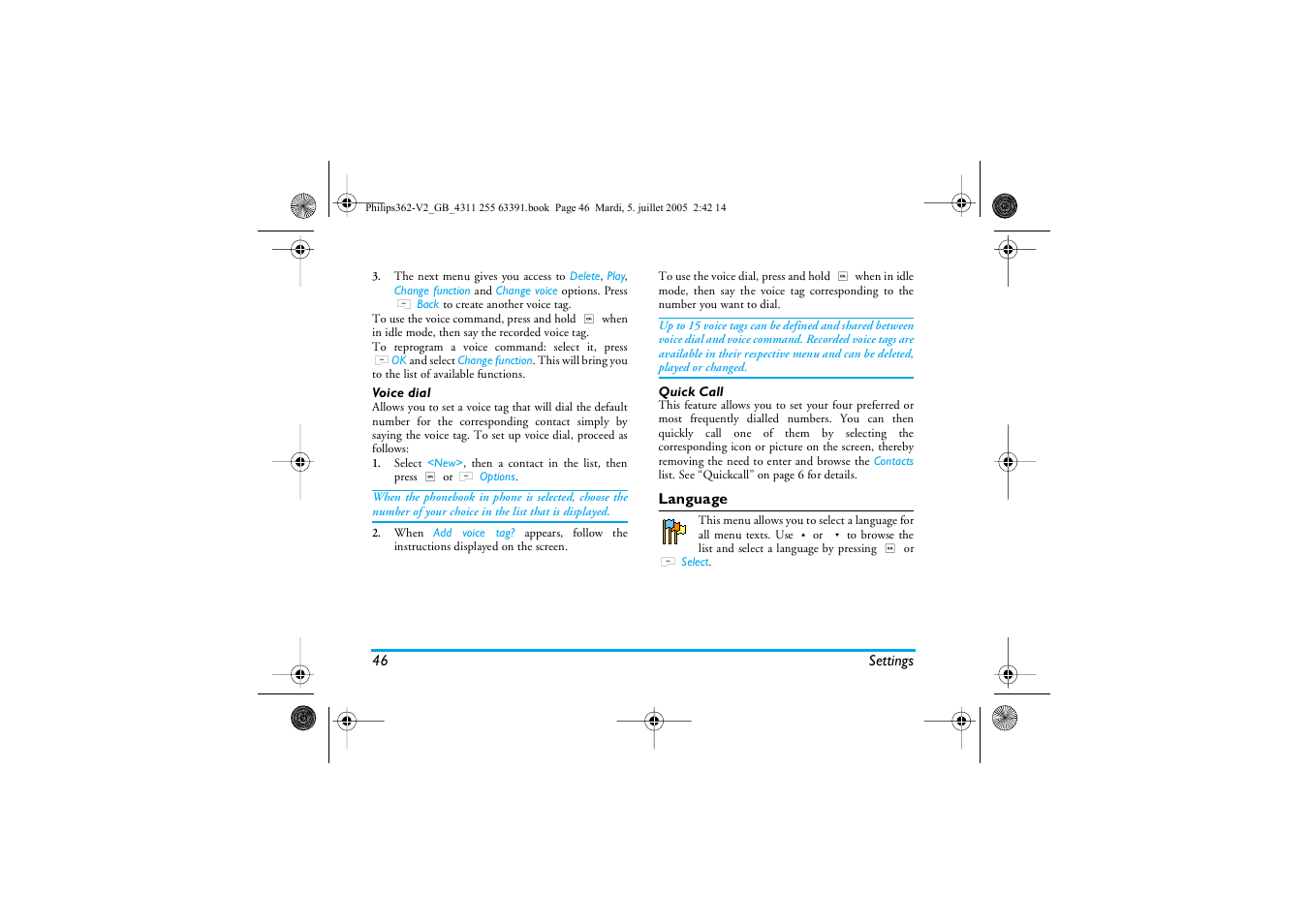 Voice dial, Quick call, Language | Philips E-GSM 1800 User Manual | Page 52 / 77