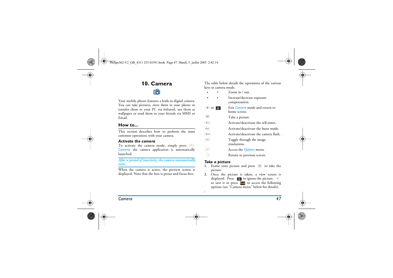 Camera, How to, Activate the camera | Take a picture | Philips E-GSM 1800 User Manual | Page 53 / 77