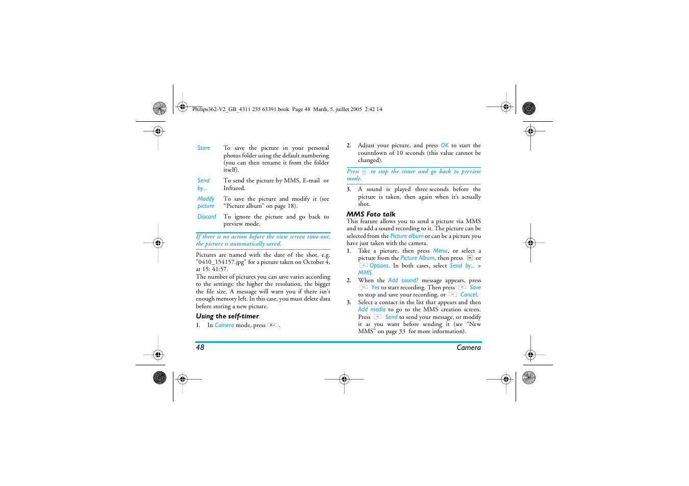 Using the self-timer, Mms foto talk | Philips E-GSM 1800 User Manual | Page 54 / 77