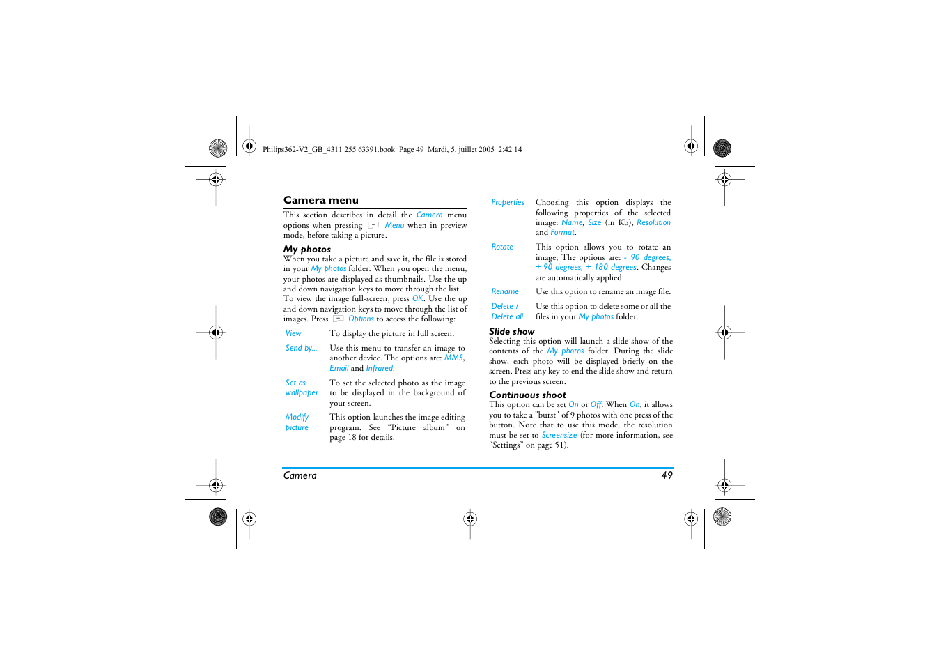 Camera menu, My photos, Slide show | Continuous shoot | Philips E-GSM 1800 User Manual | Page 55 / 77