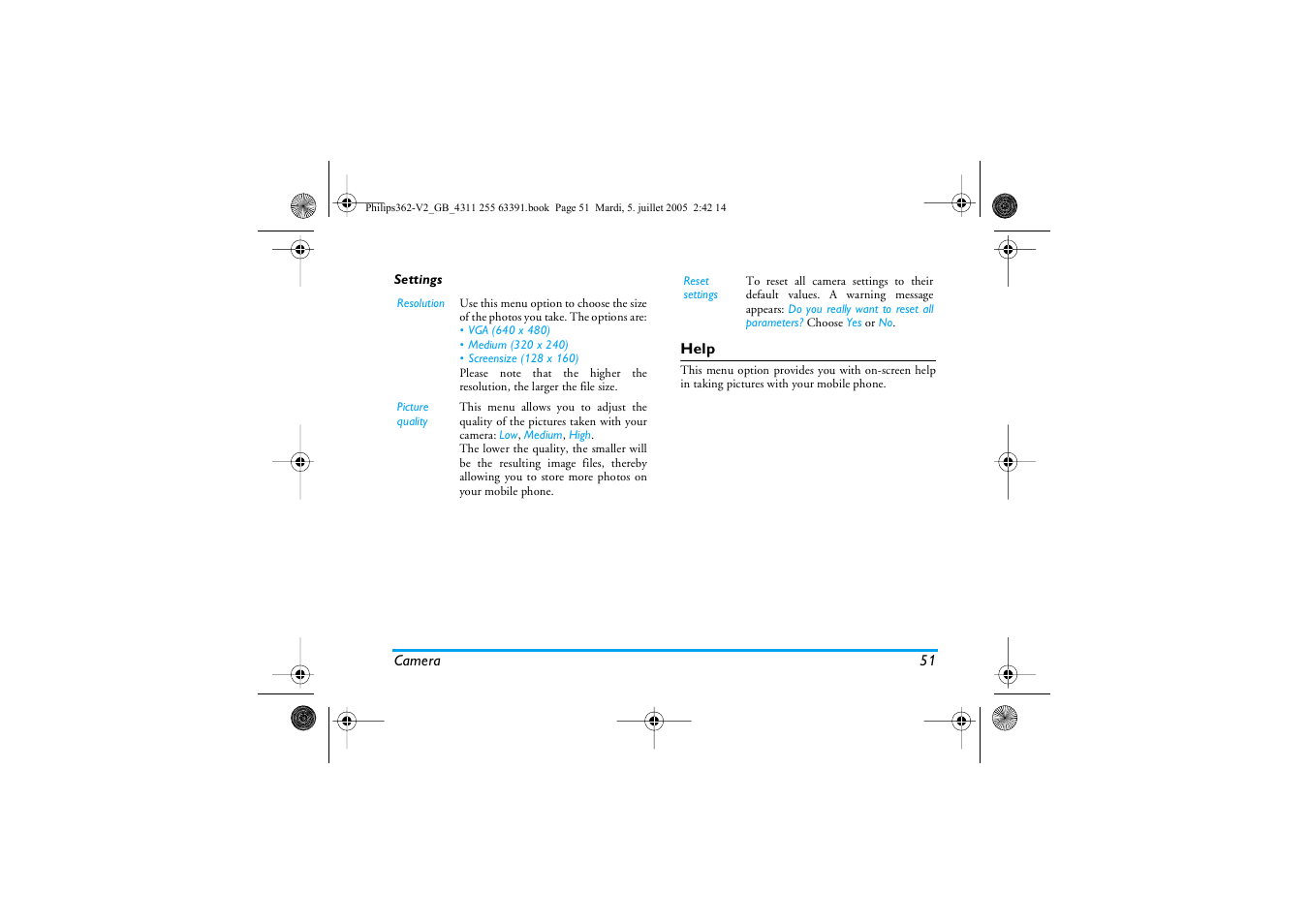 Settings, Help | Philips E-GSM 1800 User Manual | Page 57 / 77