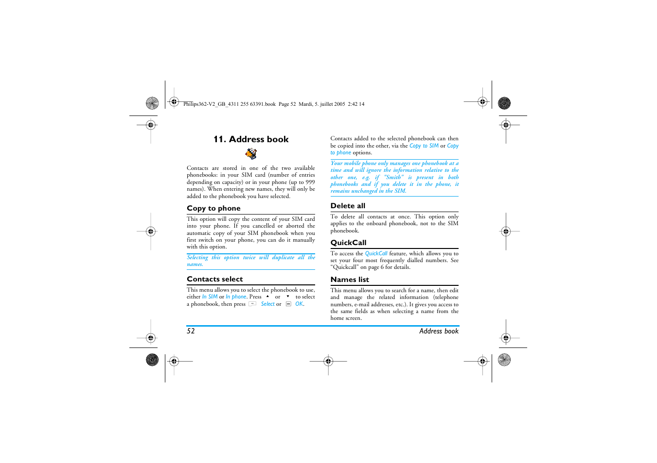 Address book, Copy to phone, Contacts select | Delete all, Quickcall, Names list | Philips E-GSM 1800 User Manual | Page 58 / 77
