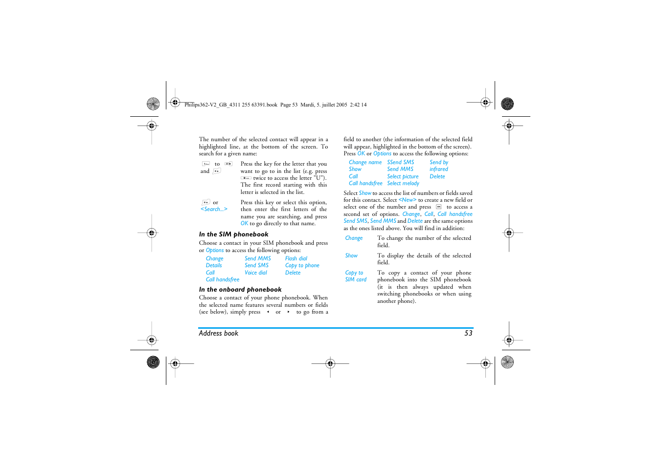 In the sim phonebook, In the onboard phonebook | Philips E-GSM 1800 User Manual | Page 59 / 77