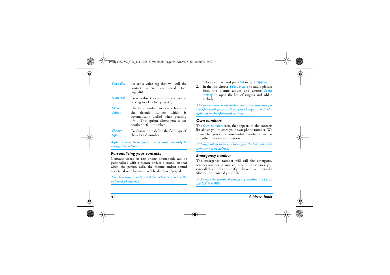 Personalizing your contacts, Own numbers, Emergency number | Philips E-GSM 1800 User Manual | Page 60 / 77