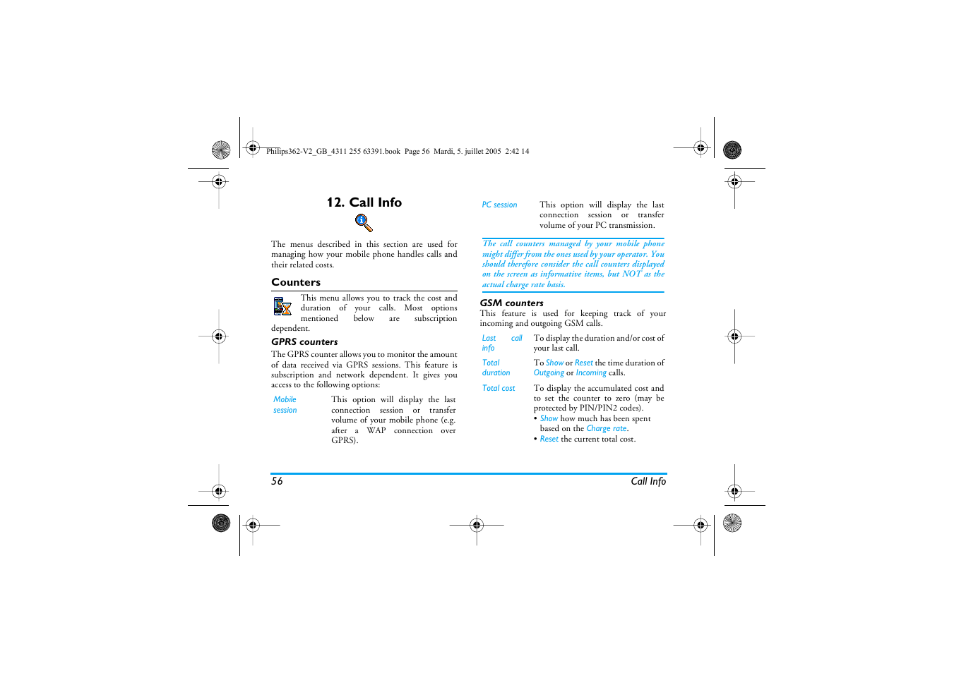 Call info, Counters, Gprs counters | Gsm counters | Philips E-GSM 1800 User Manual | Page 62 / 77