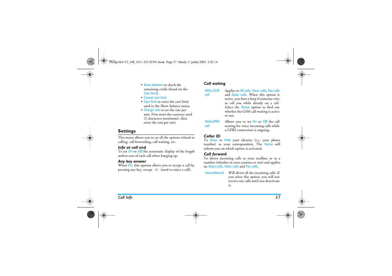 Settings, Info at call end, Any key answer | Call waiting, Caller id, Call forward | Philips E-GSM 1800 User Manual | Page 63 / 77