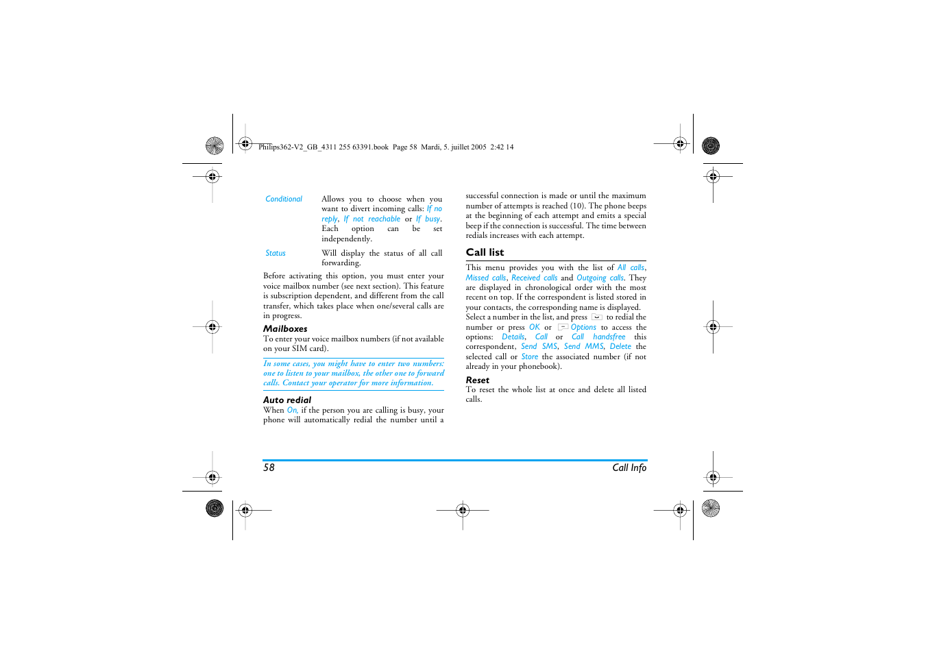 Mailboxes, Auto redial, Call list | Reset | Philips E-GSM 1800 User Manual | Page 64 / 77