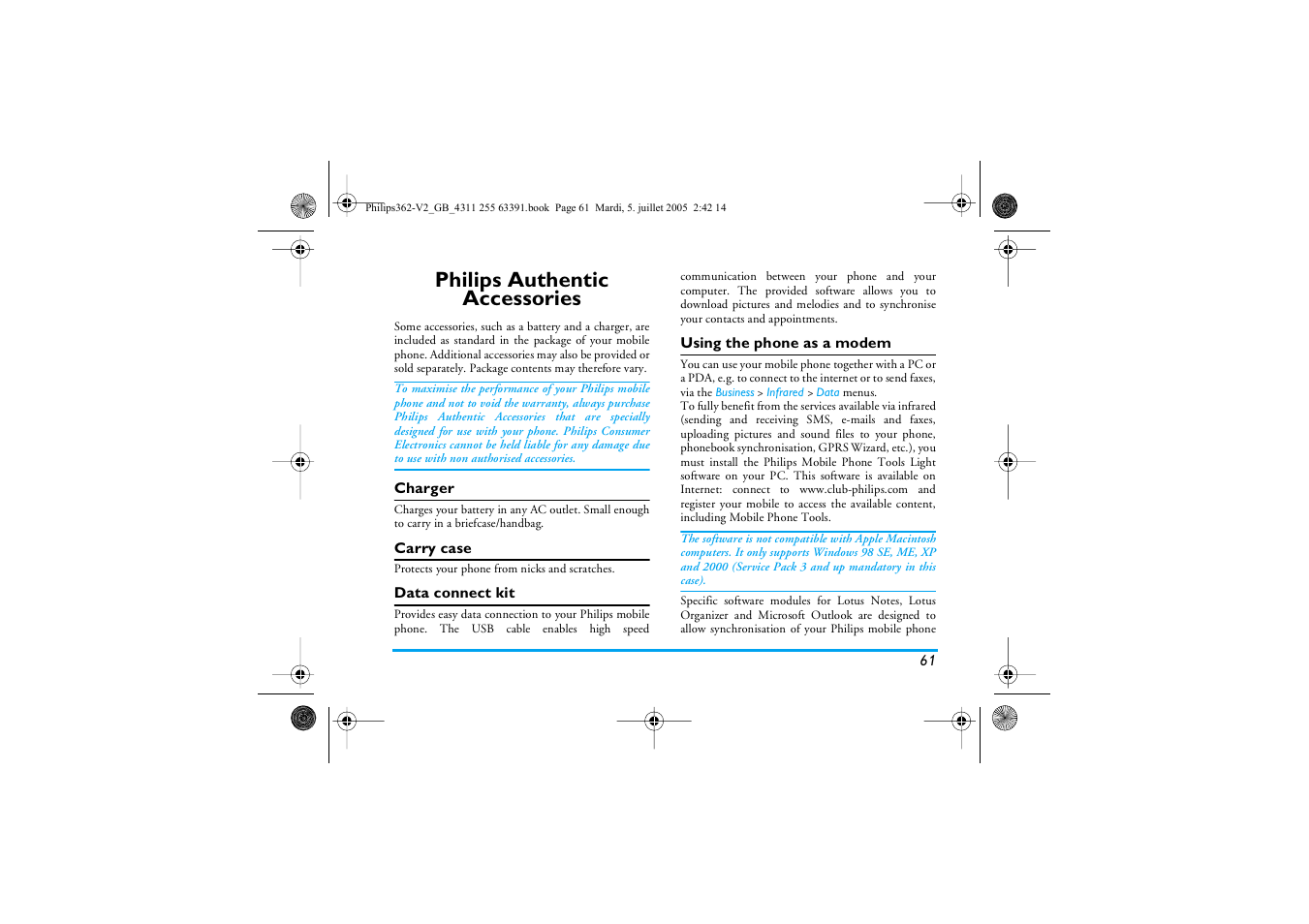 Philips authentic accessories | Philips E-GSM 1800 User Manual | Page 68 / 77