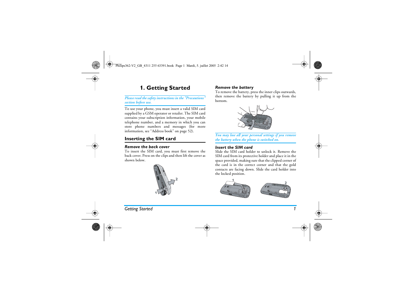 Getting started, Inserting the sim card, Remove the back cover | Remove the battery, Insert the sim card | Philips E-GSM 1800 User Manual | Page 7 / 77