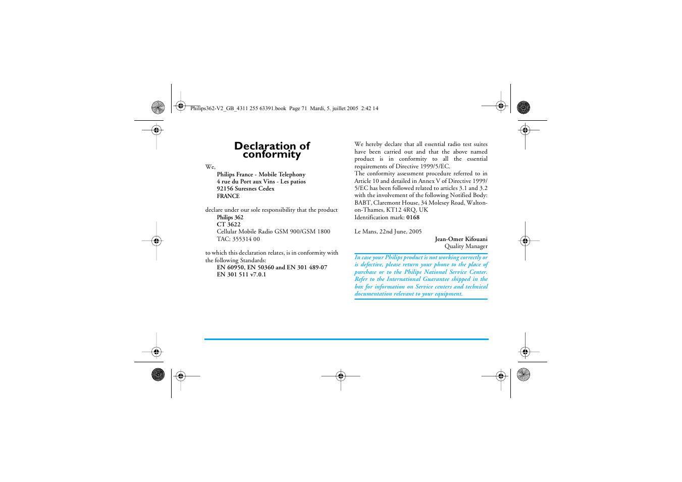 Declaration of conformity | Philips E-GSM 1800 User Manual | Page 77 / 77