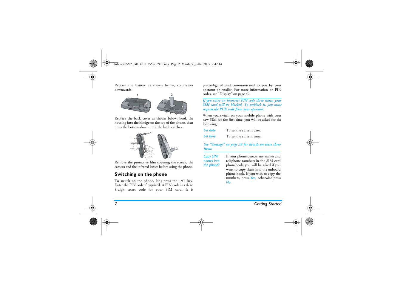 Switching on the phone | Philips E-GSM 1800 User Manual | Page 8 / 77