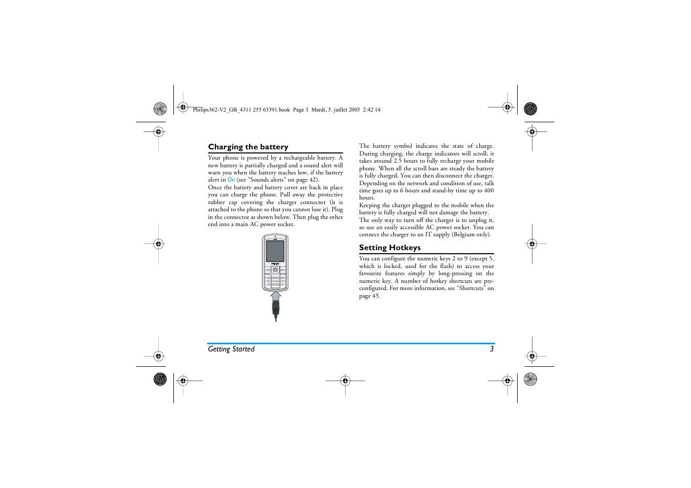 Charging the battery, Setting hotkeys | Philips E-GSM 1800 User Manual | Page 9 / 77