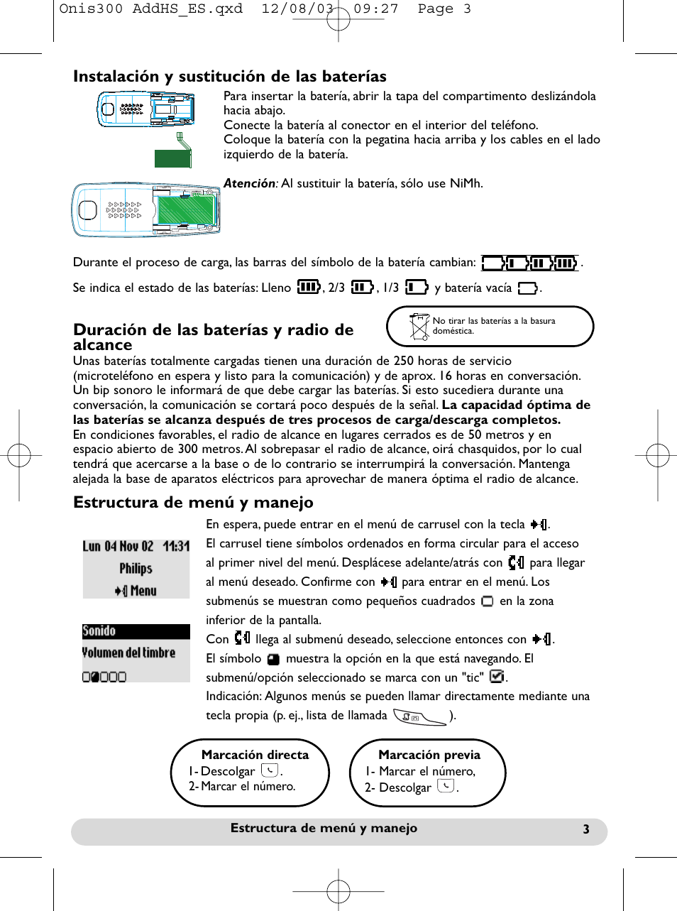 Duración de las baterías y radio de alcance | Philips onis vox 300 User Manual | Page 13 / 65