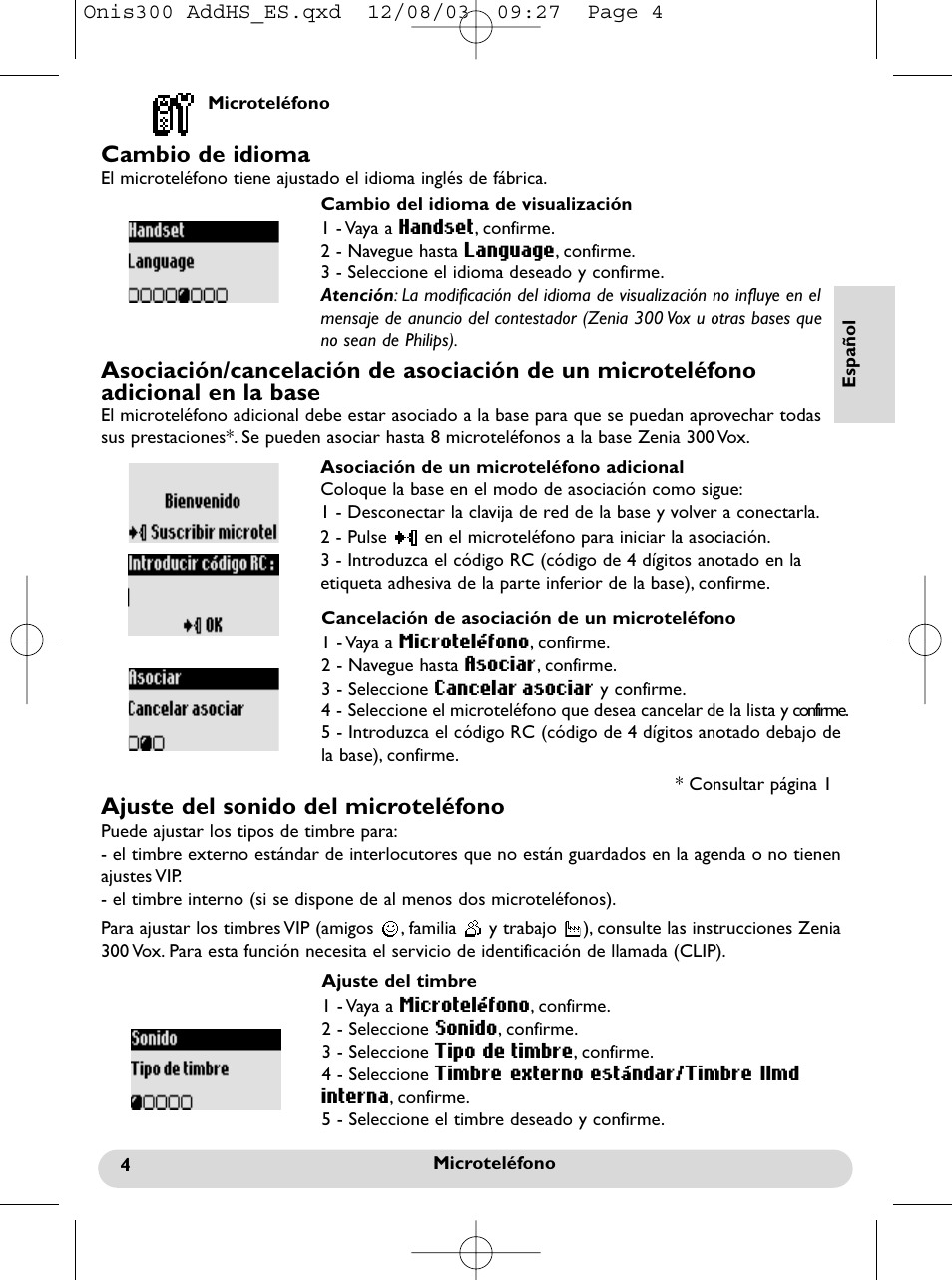 Cambio de idioma, Ajuste del sonido del microteléfono | Philips onis vox 300 User Manual | Page 14 / 65