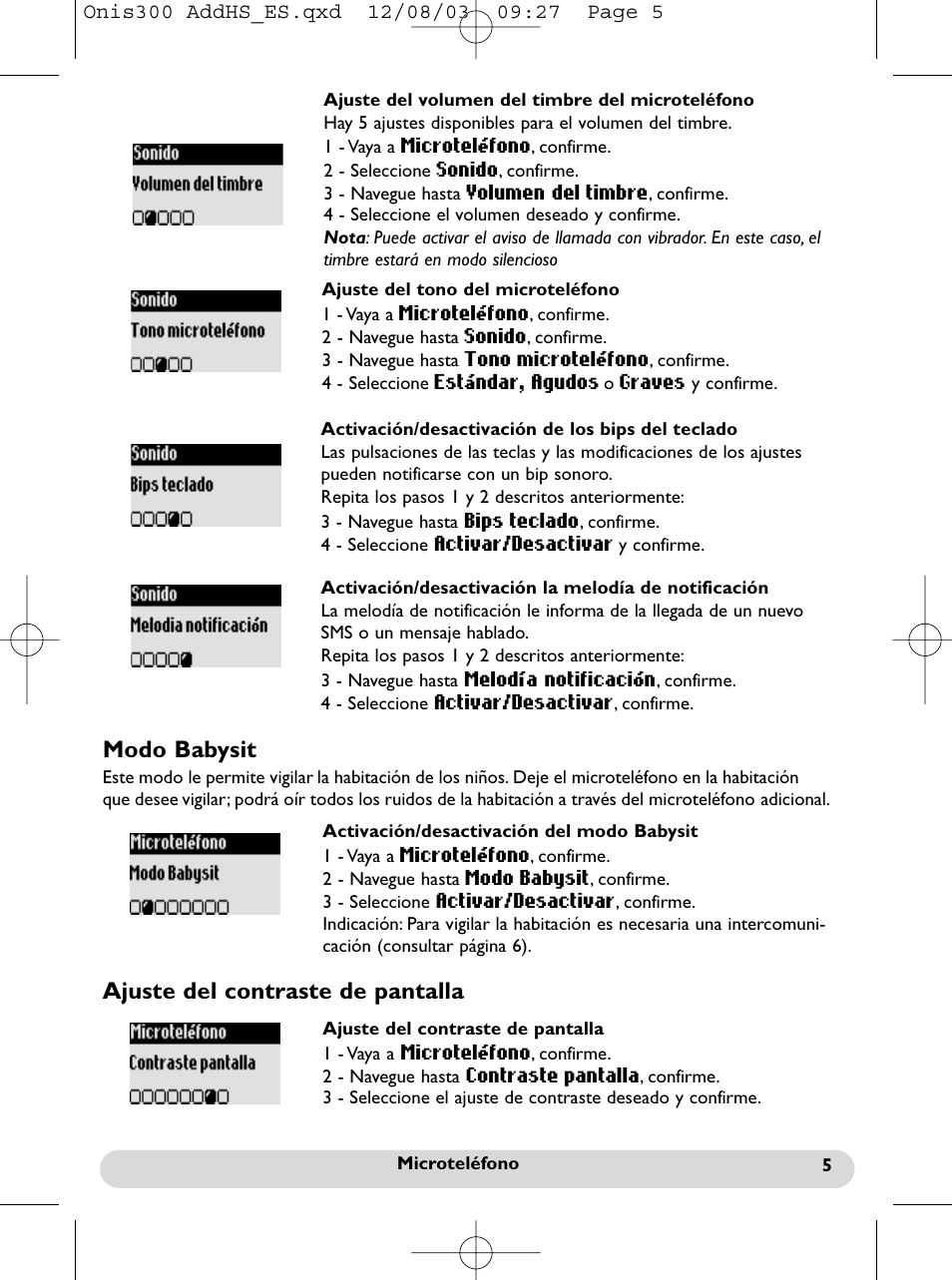 Ajuste del contraste de pantalla, Modo babysit | Philips onis vox 300 User Manual | Page 15 / 65