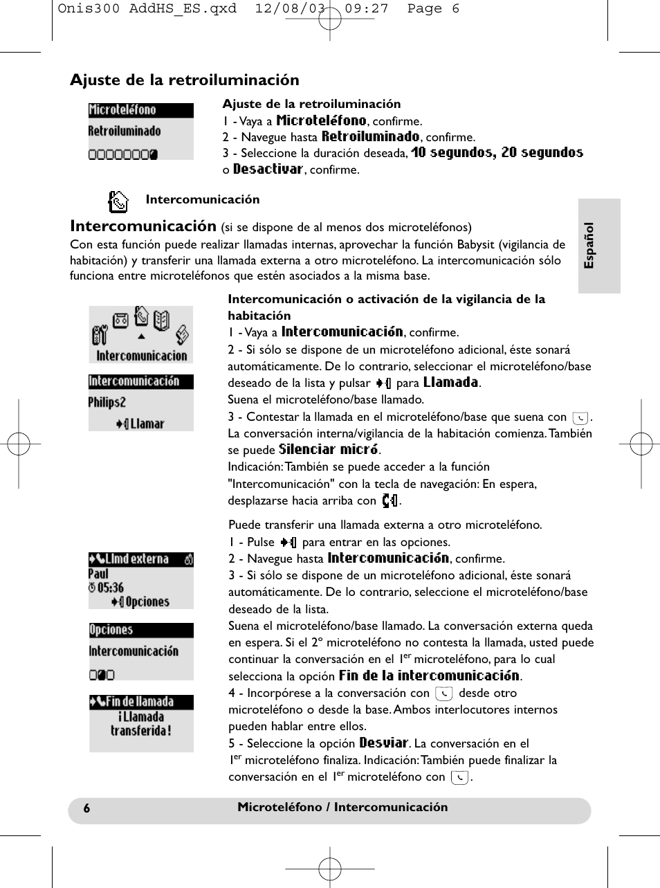 Ajuste de la retroiluminación, Intercomunicación | Philips onis vox 300 User Manual | Page 16 / 65
