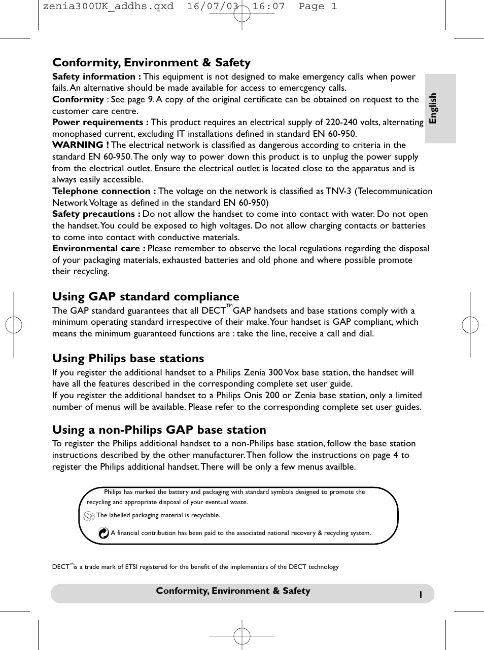 English, Conformity, environment & safety, Using gap standard compliance | Using a non-philips gap base station, Using philips base stations | Philips onis vox 300 User Manual | Page 2 / 65