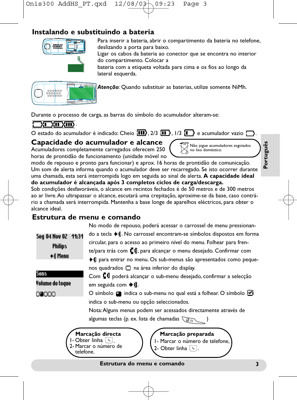 Capacidade do acumulador e alcance | Philips onis vox 300 User Manual | Page 22 / 65