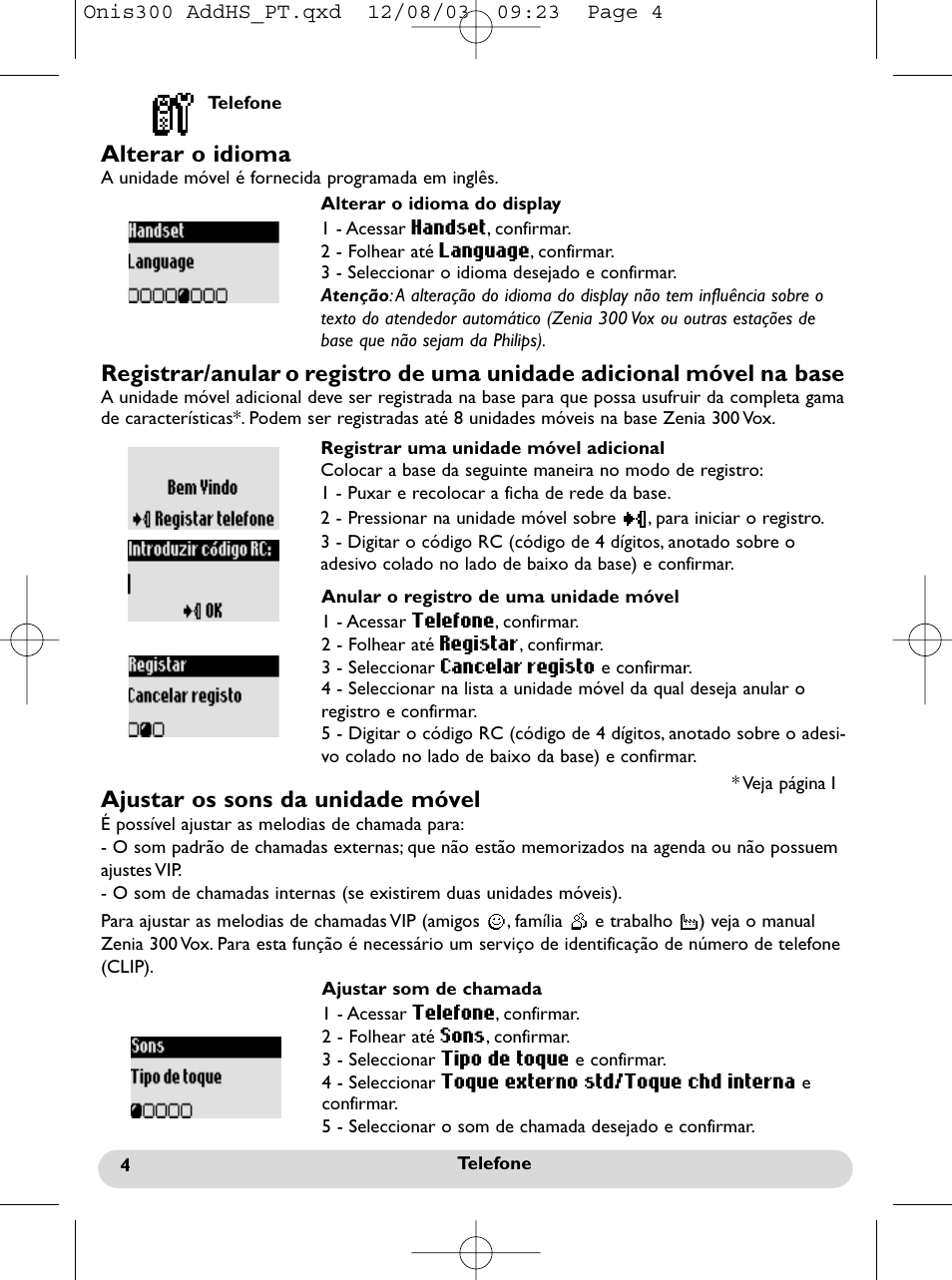 Alterar o idioma, Ajustar os sons da unidade móvel | Philips onis vox 300 User Manual | Page 23 / 65