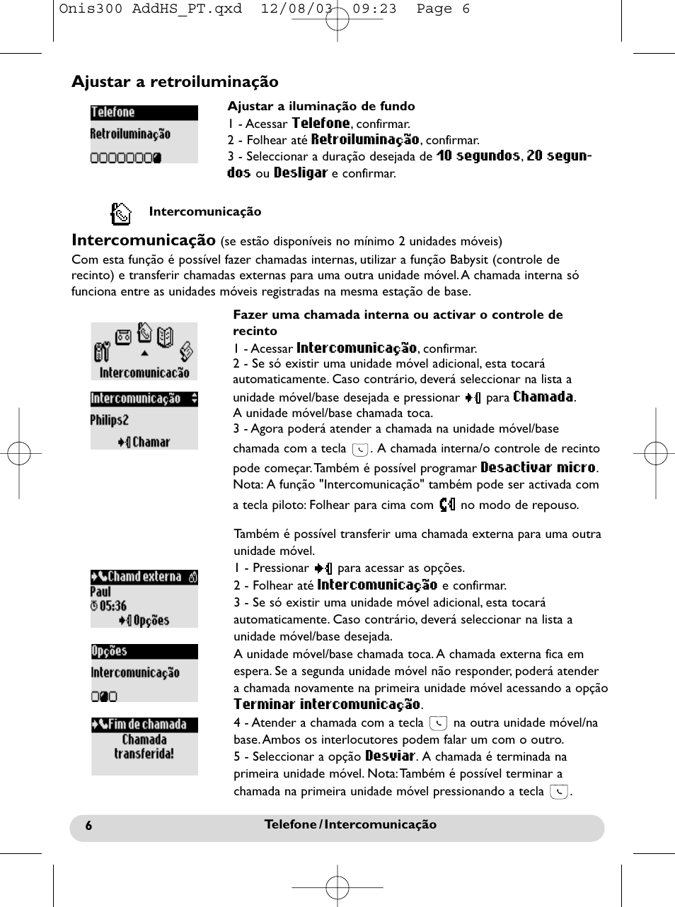 Ajustar a retroiluminação, Intercomunicação | Philips onis vox 300 User Manual | Page 25 / 65