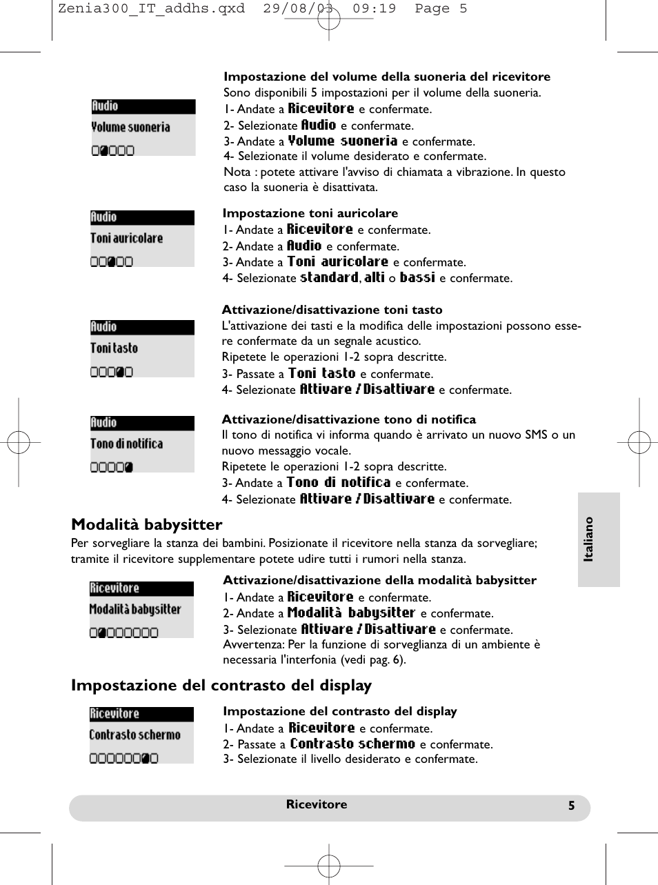 Modalità babysitter, Impostazione del contrasto del display | Philips onis vox 300 User Manual | Page 42 / 65