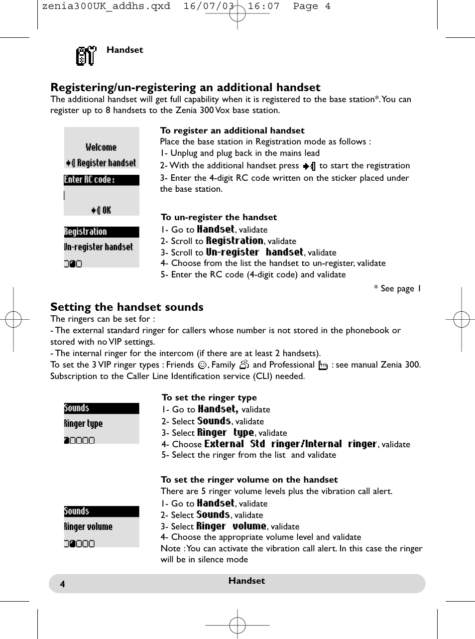 Registering/un-registering an additional handset, Setting the handset sounds | Philips onis vox 300 User Manual | Page 5 / 65