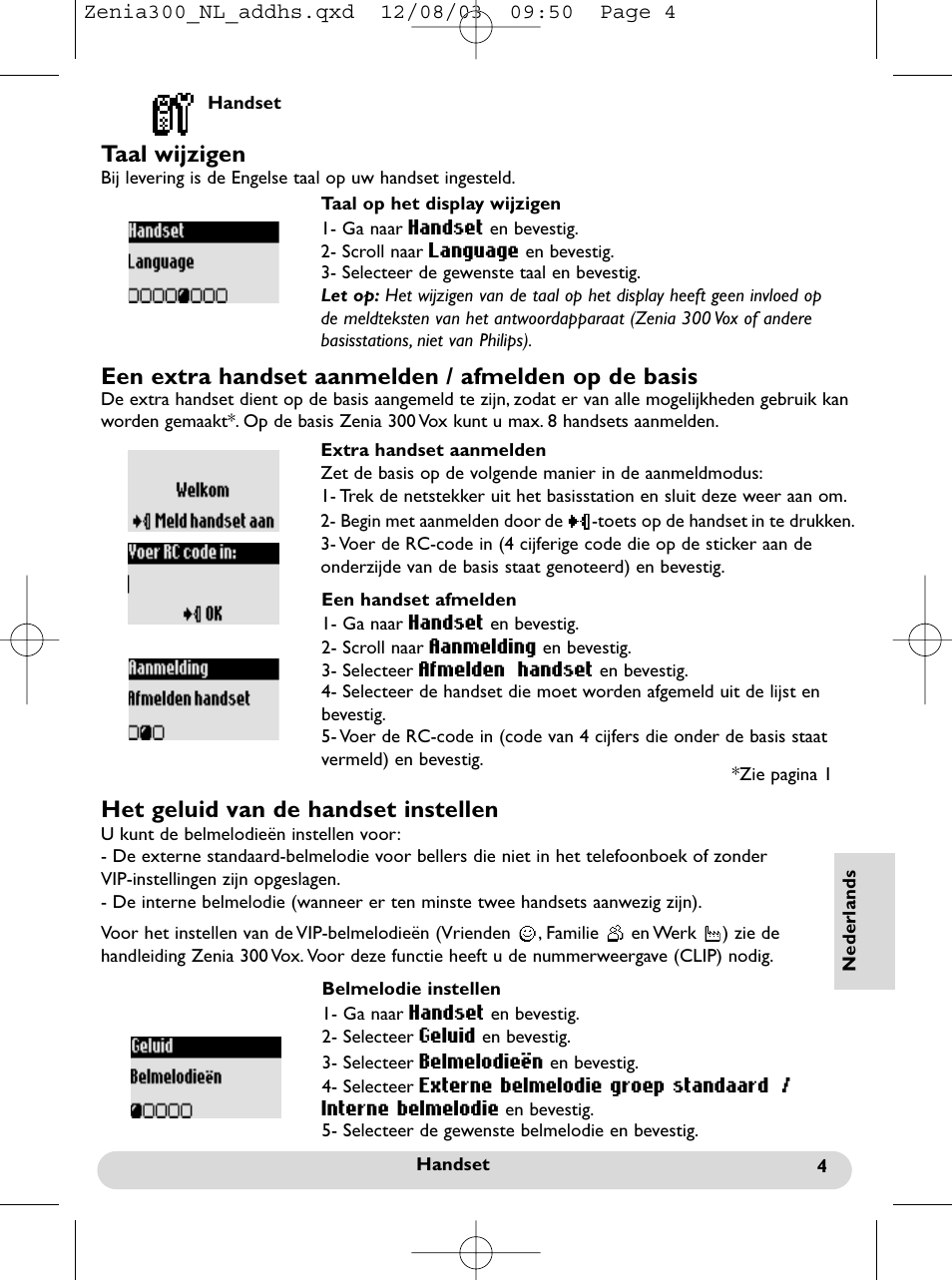 Een extra handset aanmelden / afmelden op de basis, Het geluid van de handset instellen, Taal wijzigen | Philips onis vox 300 User Manual | Page 50 / 65