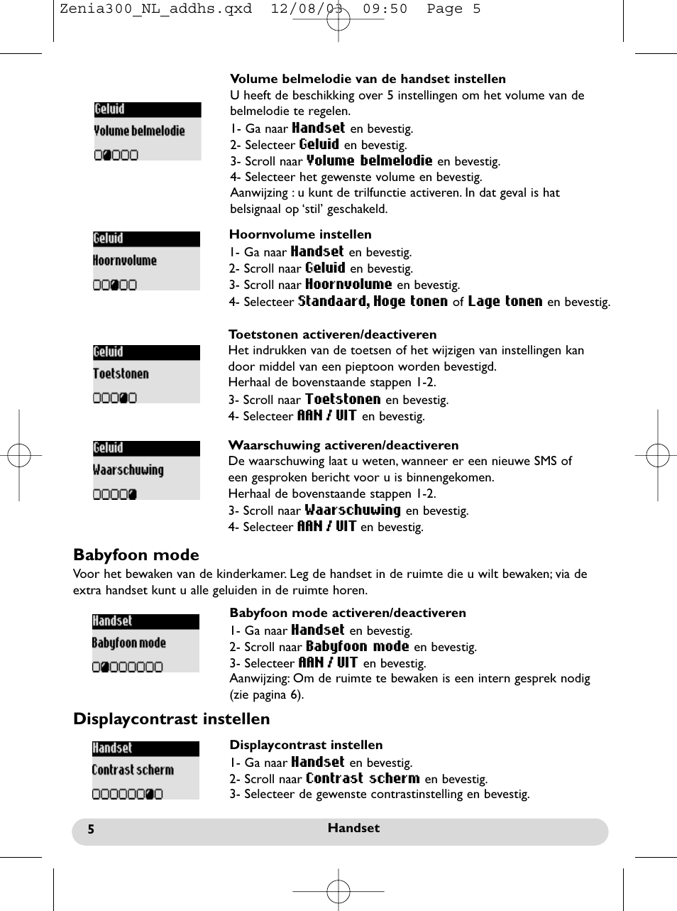 Babyfoon mode, Displaycontrast instellen | Philips onis vox 300 User Manual | Page 51 / 65