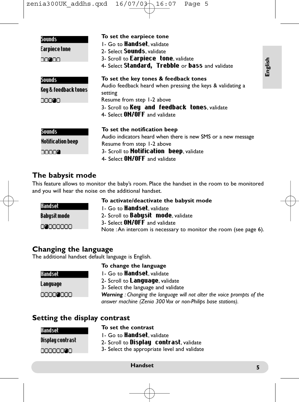 Changing the language, The babysit mode, Setting the display contrast | Philips onis vox 300 User Manual | Page 6 / 65