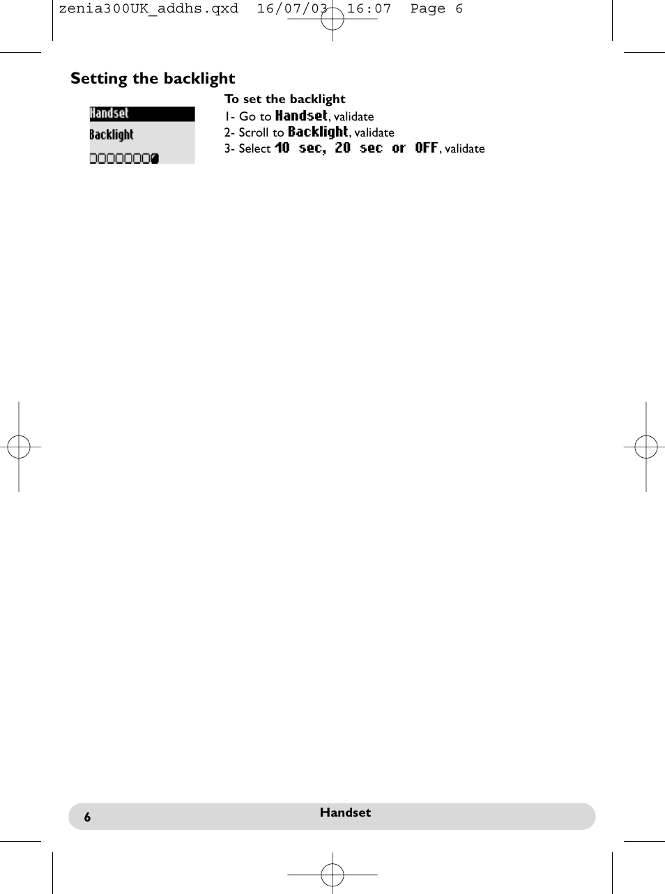 Setting the backlight | Philips onis vox 300 User Manual | Page 7 / 65