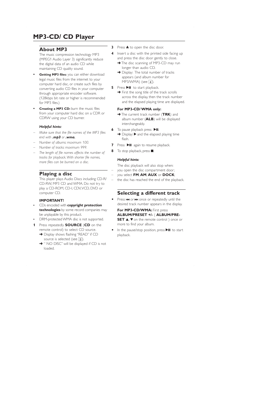 Mp3-cd/ cd player, About mp3, Playing a disc | Selecting a different track, Avis | Philips AZ1330 User Manual | Page 10 / 15