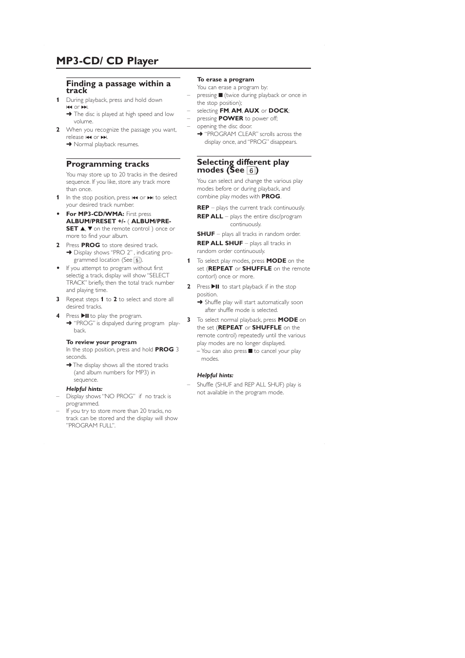 Mp3-cd/ cd player, Finding a passage within a track, Programming tracks | Selecting different play modes (see 6 ) | Philips AZ1330 User Manual | Page 11 / 15