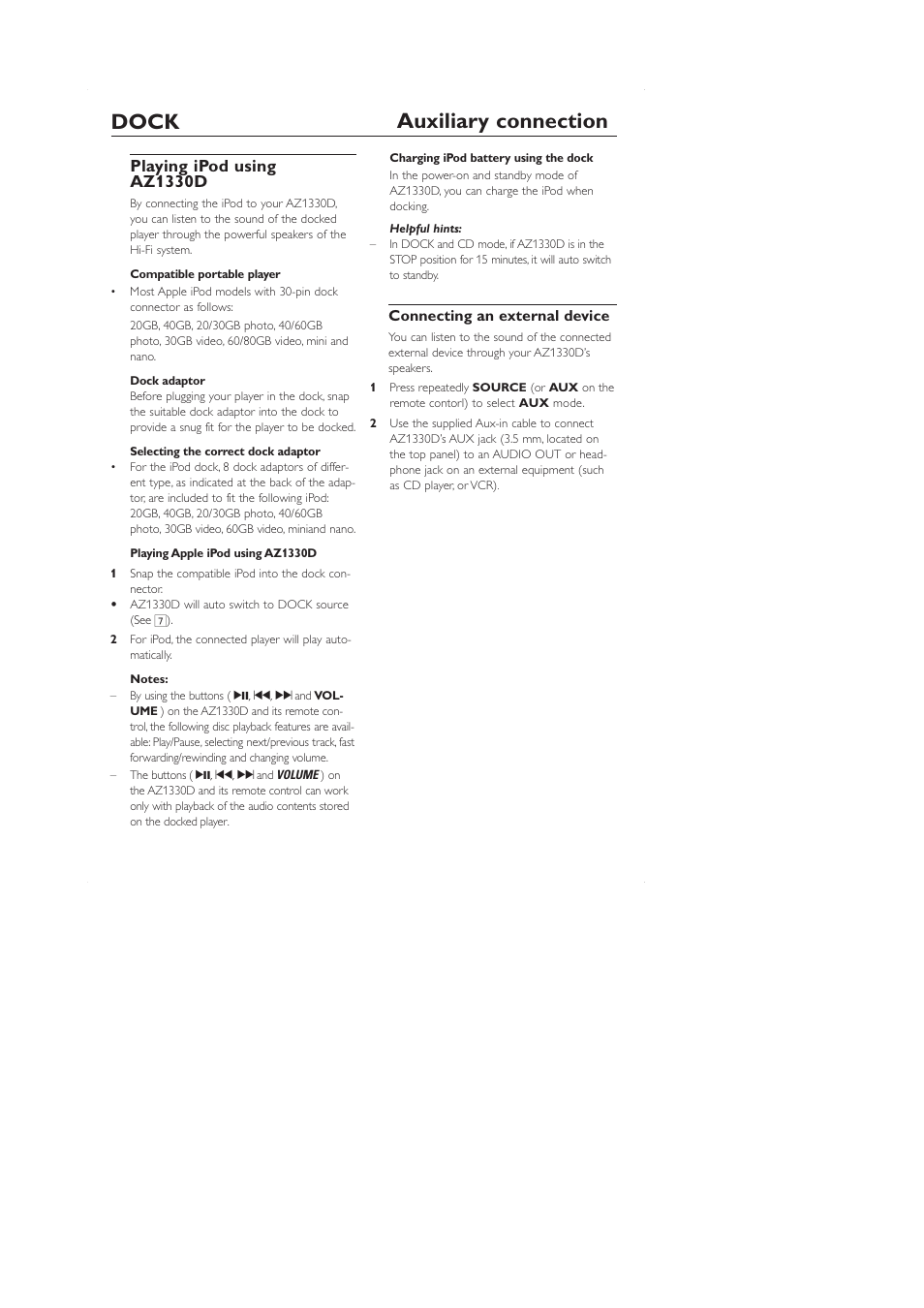 Dock auxiliary connection, Playing ipod using az1330d | Philips AZ1330 User Manual | Page 12 / 15