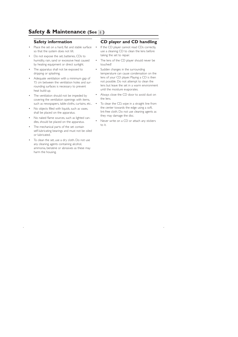 Safety & maintenance, Safety information, Cd player and cd handling | See 8 ) | Philips AZ1330 User Manual | Page 13 / 15