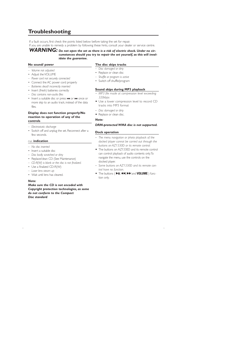 Troubleshooting, Warning | Philips AZ1330 User Manual | Page 14 / 15