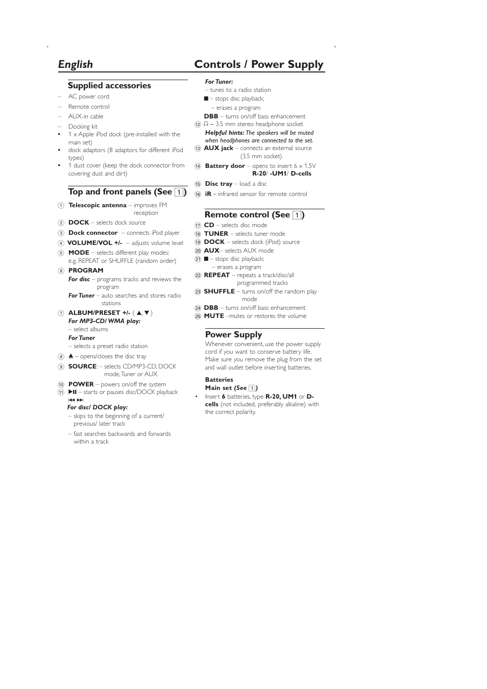 English controls / power supply, Supplied accessories, Top and front panels (see 1 ) | Remote control (see 1 ), Power supply | Philips AZ1330 User Manual | Page 7 / 15