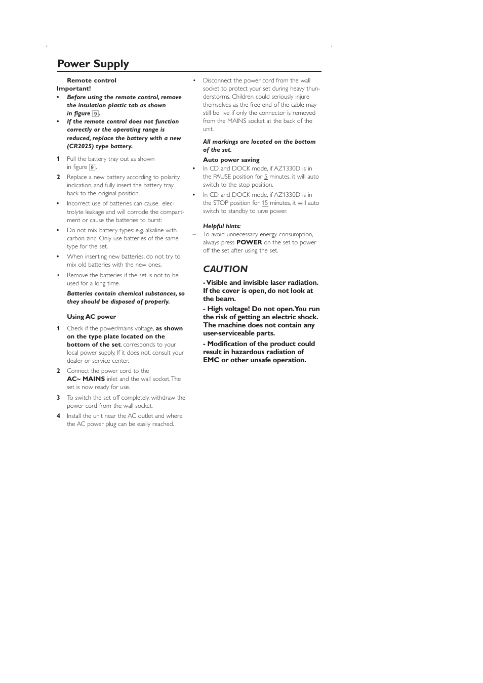 Power supply, Caution | Philips AZ1330 User Manual | Page 8 / 15