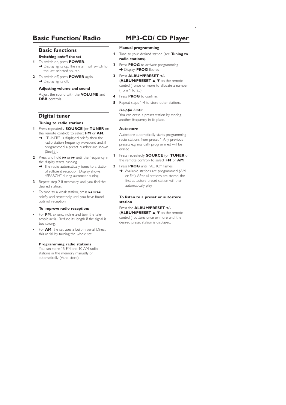 Basic function/ radio mp3-cd/ cd player, Basic functions, Digital tuner | Avis | Philips AZ1330 User Manual | Page 9 / 15