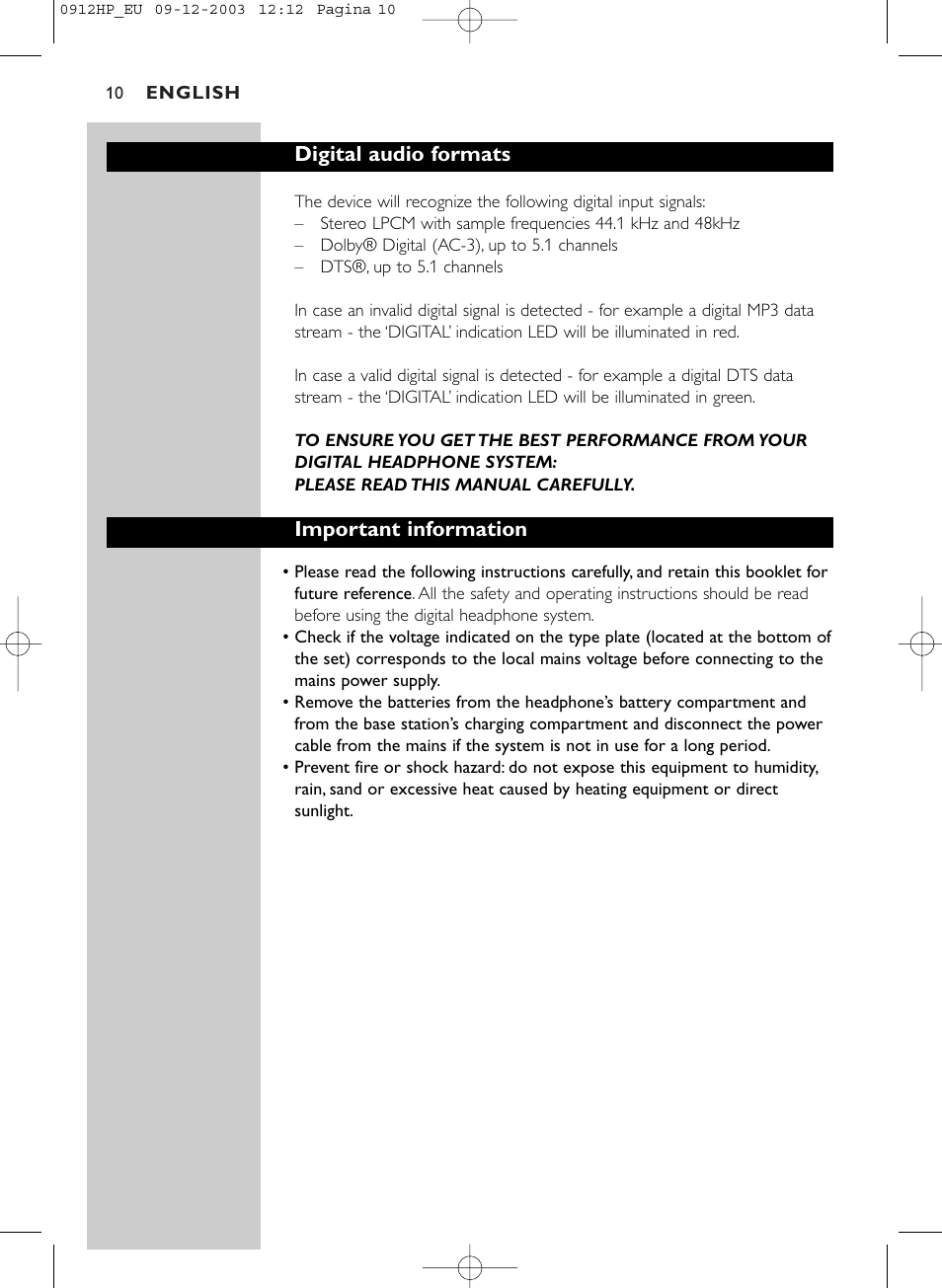 Digital audio formats, Important information | Philips HP1500 User Manual | Page 10 / 30