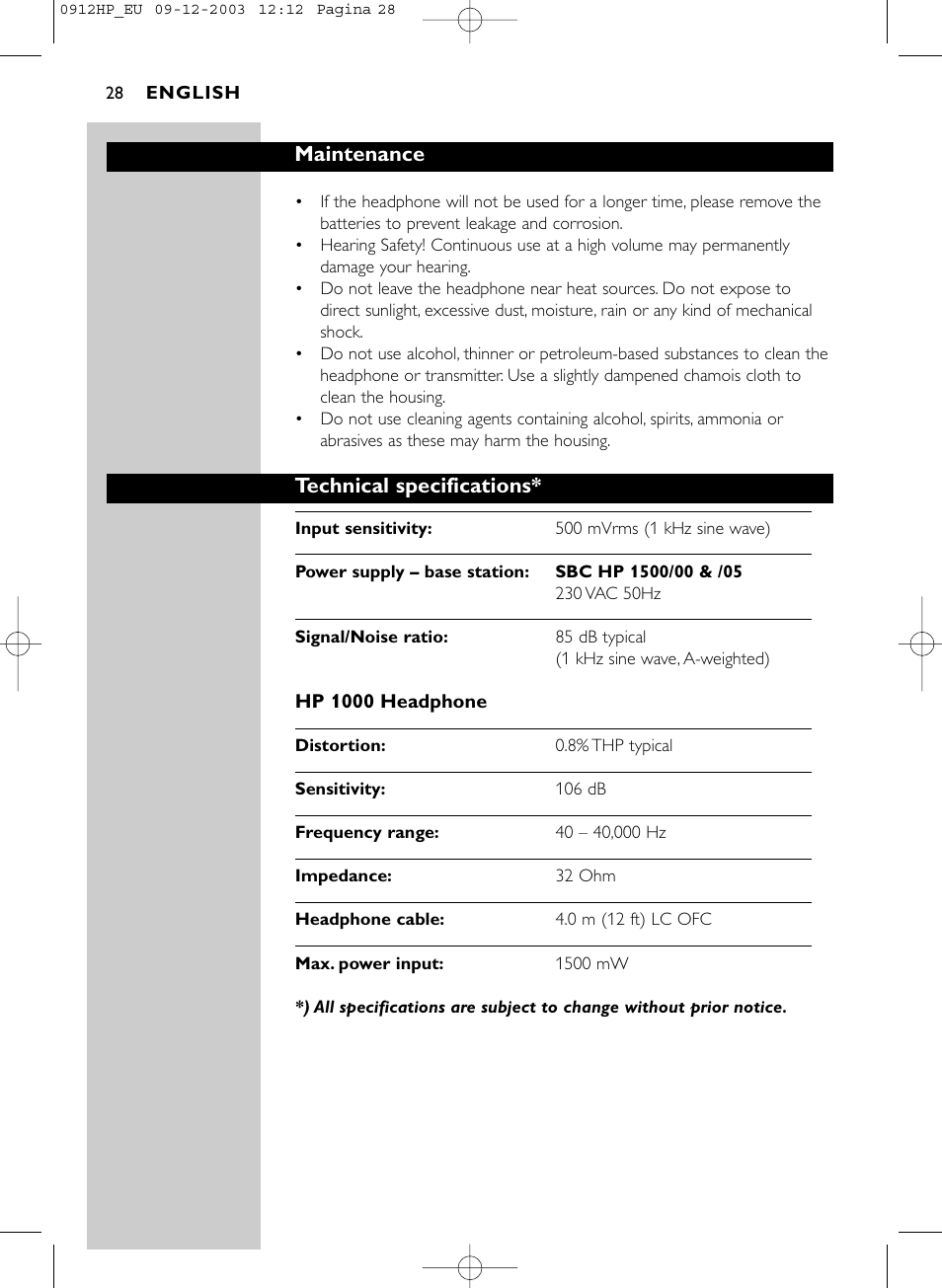 Maintenance, Technical specifications | Philips HP1500 User Manual | Page 28 / 30