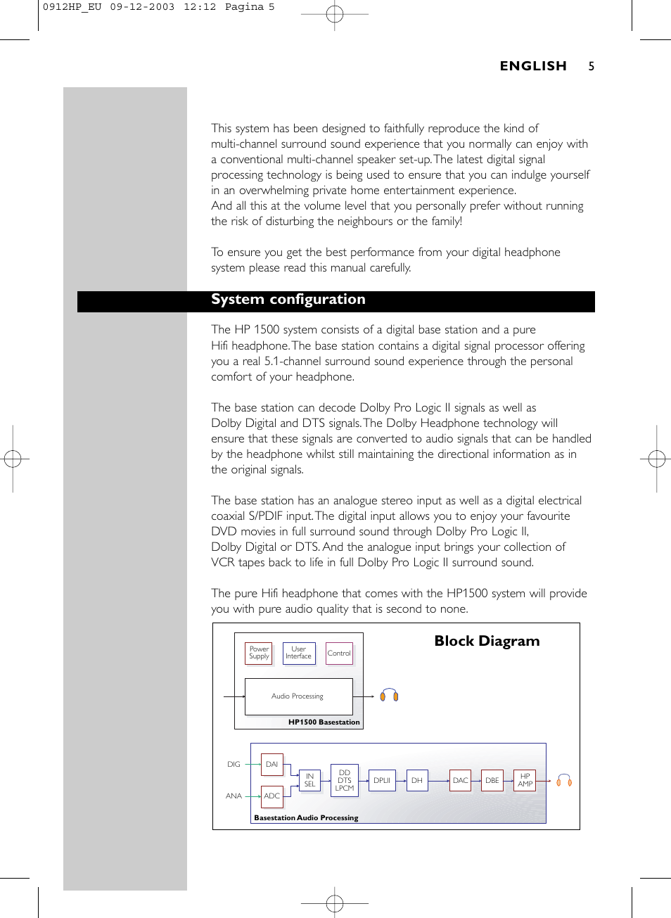 System configuration, Block diagram, English | Philips HP1500 User Manual | Page 5 / 30