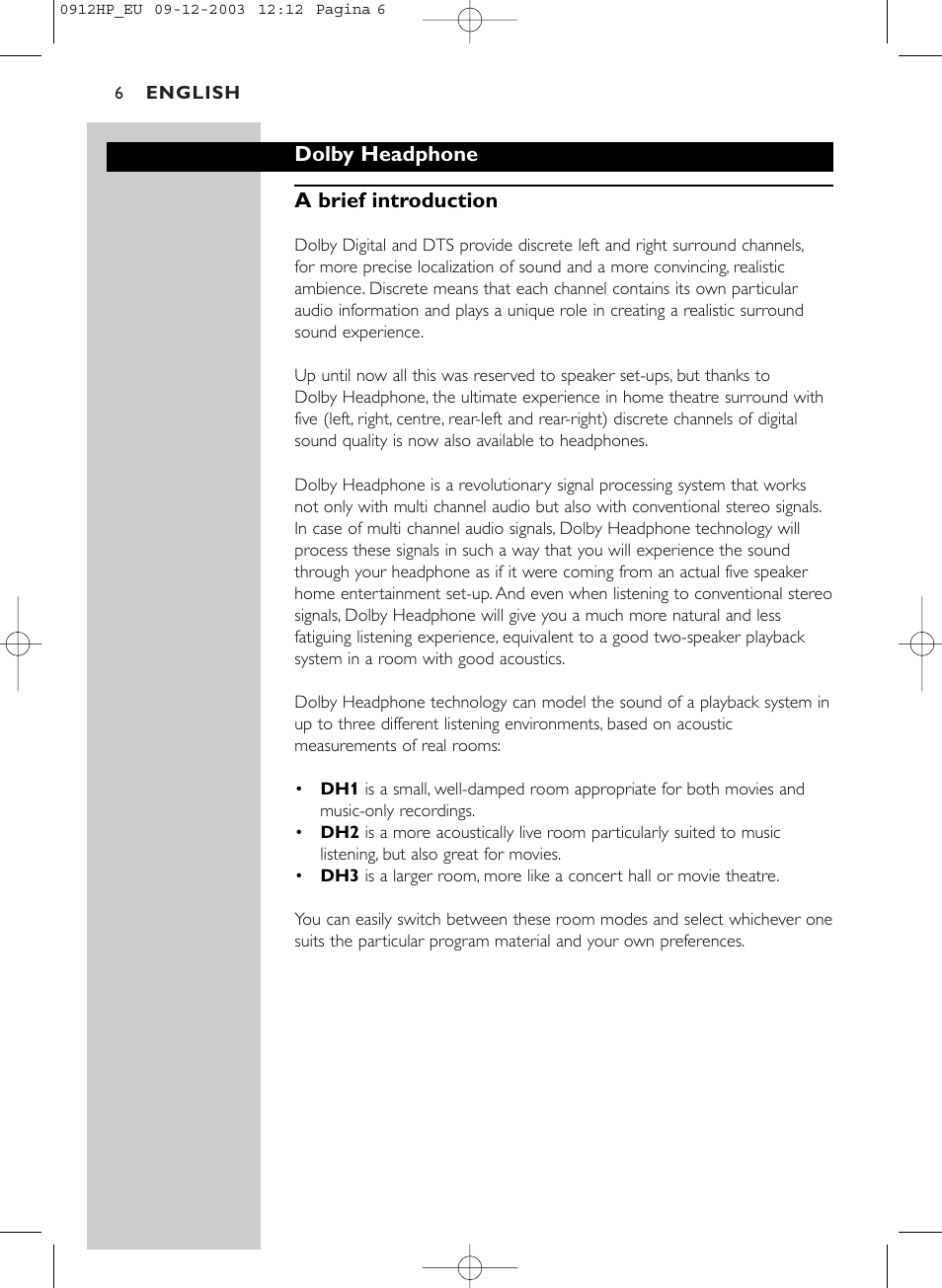 Dolby headphone a brief introduction | Philips HP1500 User Manual | Page 6 / 30